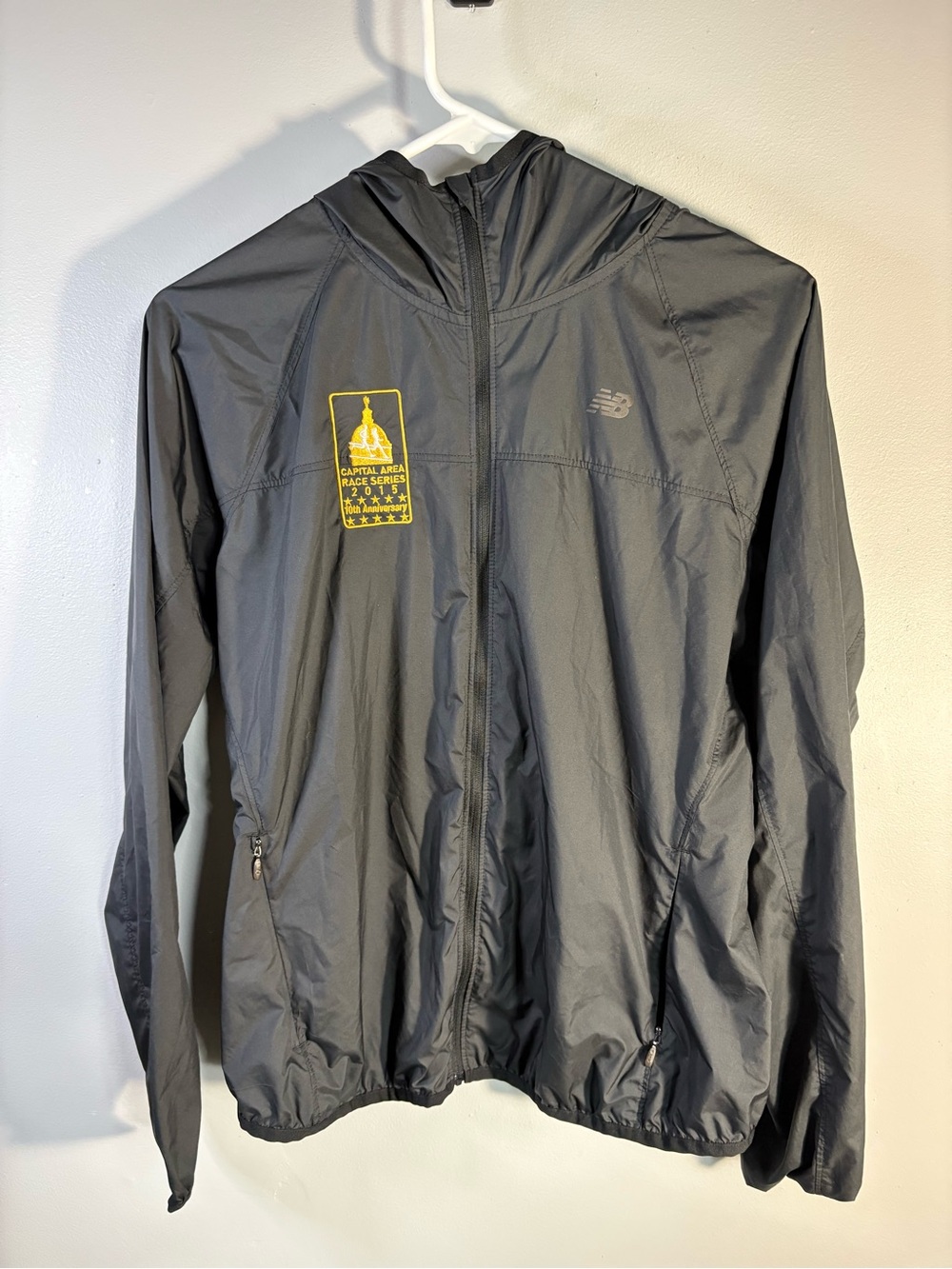 New Balance Men's Charcoal Hooded Windbreaker with Yellow Race Patch